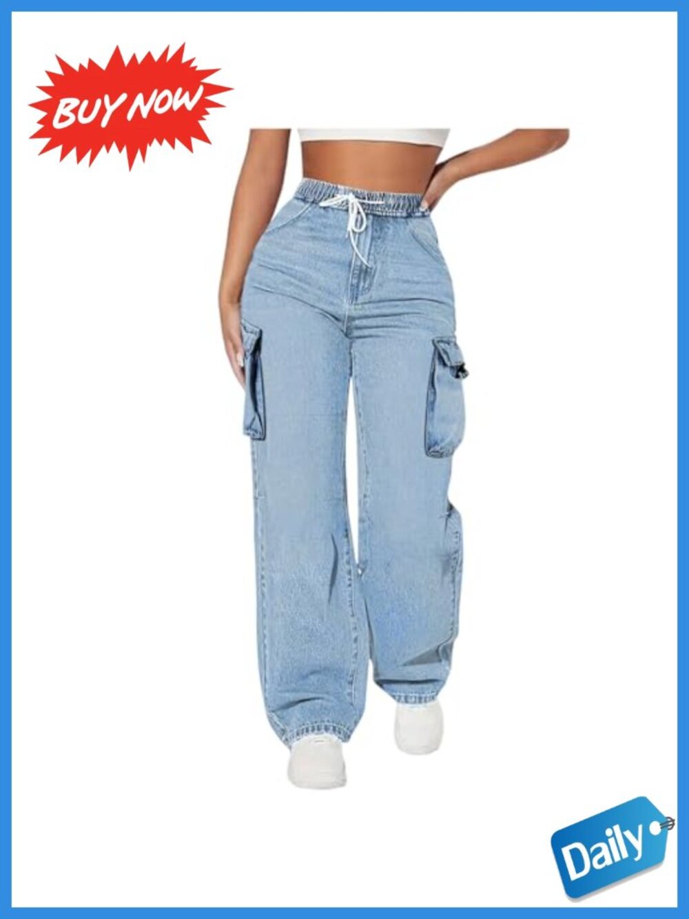 Stretchy Denim Cargo Jeans High Waist Drawstring Wide Leg Pants